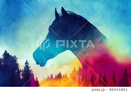 Abstract colorful horse background. Horse watercolor double exposure background Abstract colorful horse background. Horse watercolor double exposure background 96043861