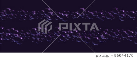 Realistic soap bubbles border, seamless bath lather, blue iridescent shampoo foam isolated on a dark background. 96044170