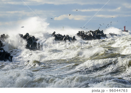 Big waves crash against the harbor breakwater concrete tetrapods during stormy weather 96044763