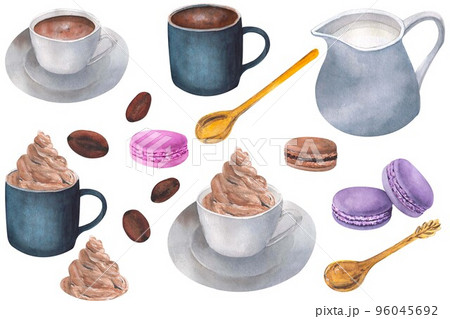 Isolated watercolor illustration coffee in a white porcelain cups. 96045692