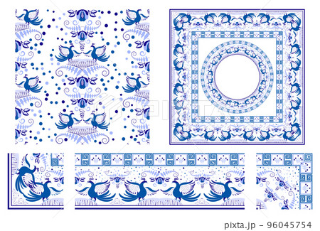 Set of blue elements with floral ornament. Seamless pattern in rustic style Border brush with corner items. Round and square frame Cobalt painting style on ceramic Oriental motifs Set of blue elements with floral ornament. Seamless pattern in rustic style Border brush with corner items. Round and square frame Cobalt painting style on ceramic Oriental motifs 96045754