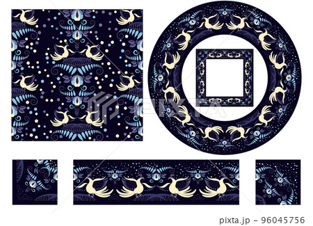 Set of elements in style national cobalt porcelain painting Seamless pattern Border brush with corner items frames Dark Blue floral ornament with birds and flowers Oriental motif rustic ceramic Set of elements in style national cobalt porcelain painting Seamless pattern Border brush with corner items frames Dark Blue floral ornament with birds and flowers Oriental motif rustic ceramic 96045756