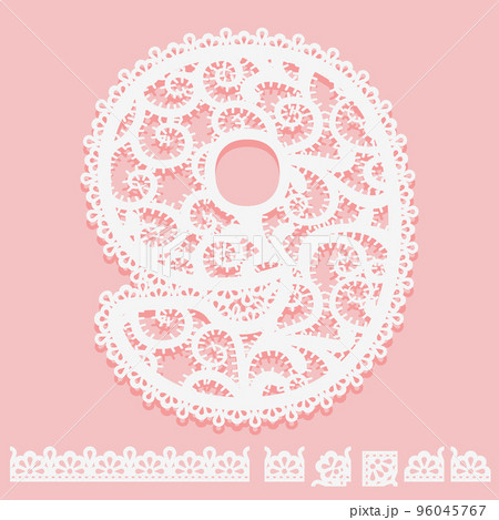Digit 9 written of white lace isolated on pink background. Pattern brush with corner and end elements and number ninth. Border for frame. Lacy item for design card or invitation 96045767