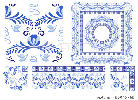 Set of blue elements with floral ornament. Seamless pattern in rustic style. Border brush with corner items. Round and square frame Cobalt painting style on ceramic Oriental asian motifs. Set of blue elements with floral ornament. Seamless pattern in rustic style. Border brush with corner items. Round and square frame Cobalt painting style on ceramic Oriental asian motifs. 96045769