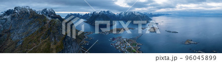 Aerial view of Reine in winter. Top view of Lofoten islands, Norway. Aerial view of Reine in winter. Top view of Lofoten islands, Norway. 96045899
