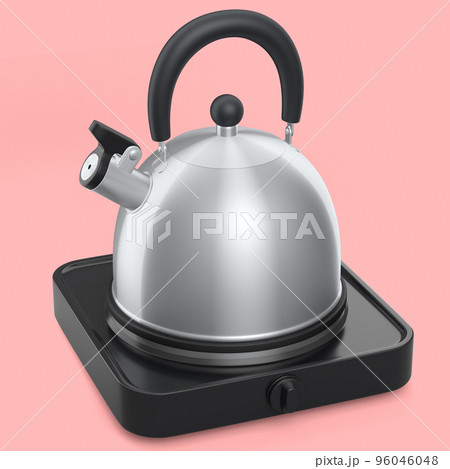 Portable camping electric stove and kettle with whistle on pink background. Portable camping electric stove and kettle with whistle on pink background. 96046048