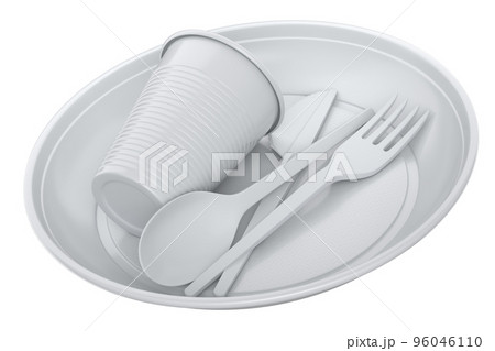 Set of disposable utensils like plate, folk, spoon,knife and cup on white. 96046110