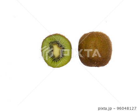 Unpeeled kiwi and half on a white background, top view. Unpeeled kiwi and half on a white background, top view. 96048127