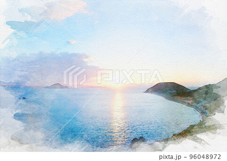[水彩画]愛知県田原市伊良湖町の伊良湖岬の夕日 96048972