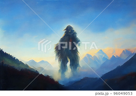 Huge bigfoot in the mountains. Abstract painting. Imitation of oil painting. Digital illustration. 96049053