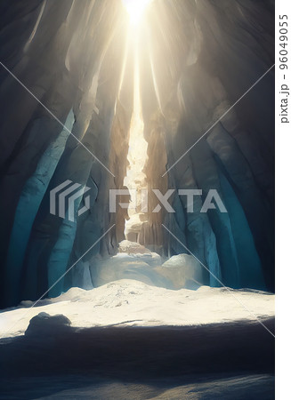 Ice cave. A ray of sun breaks into the ice cave. 3D Digital illustration. 96049055