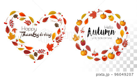 Autumn colorful forest leaves, berries, cones, acorns the shape of a heart and a ring. Happy Thanksgiving and Sale Frames.   Vector. 96049207