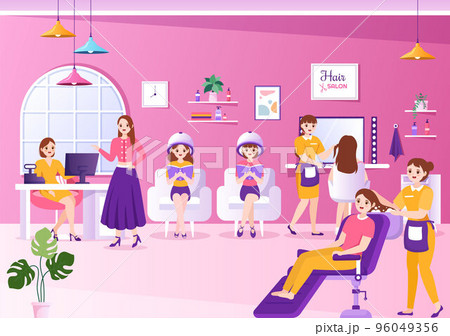 Hair Salon with Hairdresser, Haircut, Haircare and Hairstyle in Beauty Salon or Barber in Flat Cartoon Hand Drawn Templates Illustration 96049356