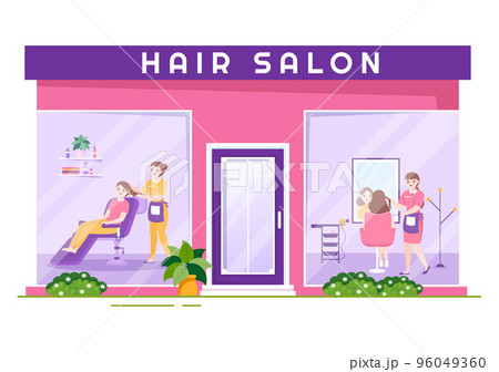 Hair Salon with Hairdresser, Haircut, Haircare and Hairstyle in Beauty Salon or Barber in Flat Cartoon Hand Drawn Templates Illustration 96049360