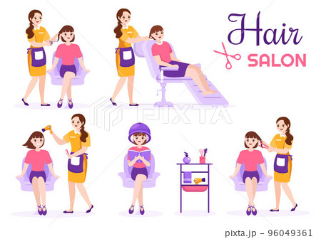 Hair Salon with Hairdresser, Haircut, Haircare and Hairstyle in Beauty Salon or Barber in Flat Cartoon Hand Drawn Templates Illustration 96049361