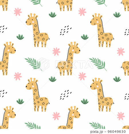 Cute giraffe . Green tropical branch. Seamless pattern for sewing children's clothing. African background in nursery. Jungles. Printing on fabric and packaging. 96049630