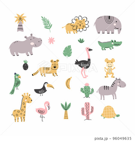 African animals. Set of doodle elements. Stickers for nursery. Inhabitants savannah. 96049635