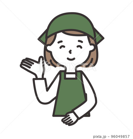 笑顔で案内をするエプロン姿の若い女性のイラスト 96049857