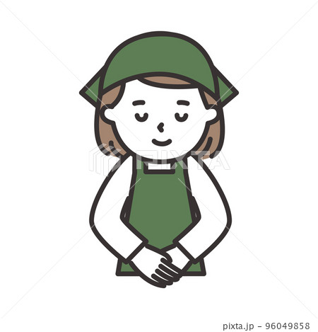 にこやかにお辞儀をするエプロン姿の若い女性のイラスト 96049858