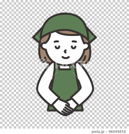 にこやかにお辞儀をするエプロン姿の若い女性のイラスト 96049858