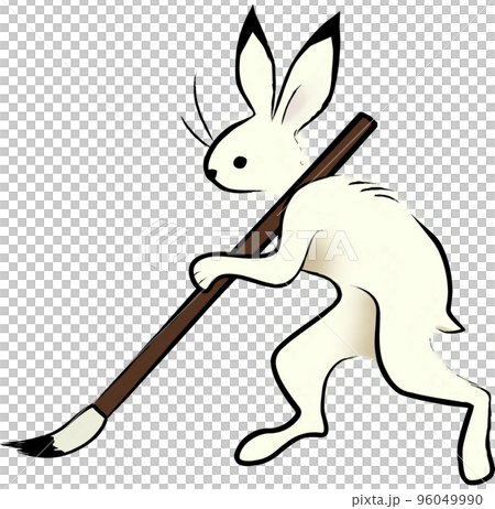 筆で線を引くウサギ（鳥獣戯画風） 96049990