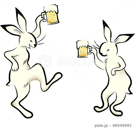 ビールで乾杯するウサギ 鳥獣戯画風 のイラスト素材