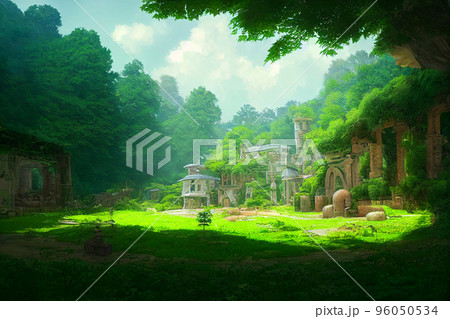 イラスト 絵画 自然 山 森 樹木 秘境 建物 96050534
