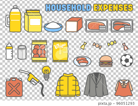 Illustrations of various items that are items of living expenses such as food, luxury items, fuel costs and clothing 96051293