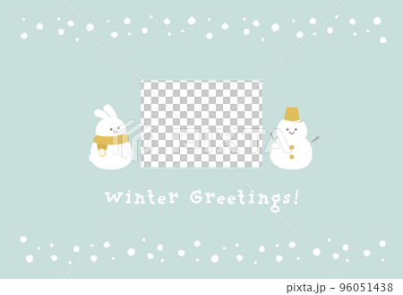 雪だるまとウサギのほのぼの可愛い写真フレーム付きのウィンターグリーティングカード 雪だるまとウサギのほのぼの可愛い写真フレーム付きのウィンターグリーティングカード 96051438