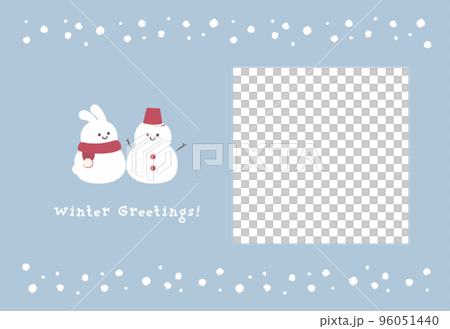 雪だるまとウサギのほのぼの可愛い写真フレーム付きのウィンターグリーティングカード 雪だるまとウサギのほのぼの可愛い写真フレーム付きのウィンターグリーティングカード 96051440