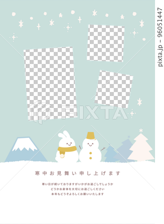 Vertical winter greeting postcard with a cute photo frame of a snowman and a rabbit in a winter landscape 96051447