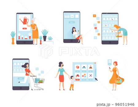 Online Shopping with People Characters Buying and Making Purchase in Mobile Store Vector Set 96051946