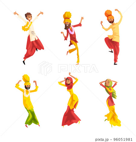 People Character Indian Dancers in Traditional Turban and Sari Dress Vector Set 96051981