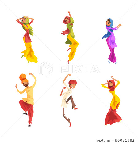 People Character Indian Dancers in Traditional Turban and Sari Dress Vector Set 96051982