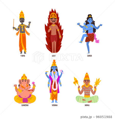 Ancient Indian Hindu Gods and Deity with Yama, Vishnu, Igny, Shiva, Ganesha and Indra Vector Set 96051988