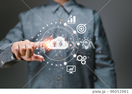 Hand-touching virtual cloud computing with world and technology items such as uploading and downloading Cloud technology management and big data include business strategy, customer service 96052061