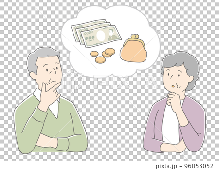 Illustration of an elderly couple worried about money 96053052