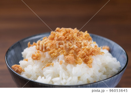 白飯に鮭フレークをかけて食べる 96053645