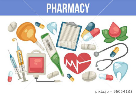 Pharmacy pills and syringe treatment and healthcare therapy and dentistry Pharmacy pills and syringe treatment and healthcare therapy and dentistry 96054133