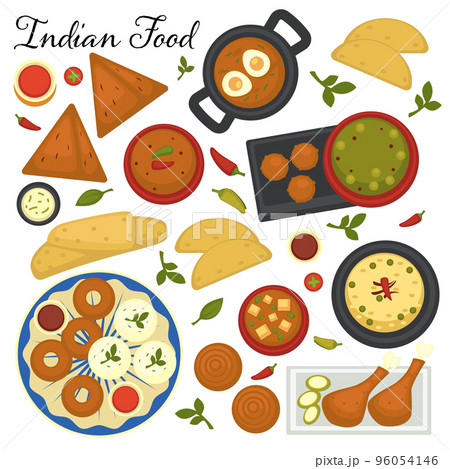 Indian cuisine menu, collection of dishes of India. Soups and tandoori, spicy snacks vector in flat Indian cuisine menu, collection of dishes of India. Soups and tandoori, spicy snacks vector in flat 96054146