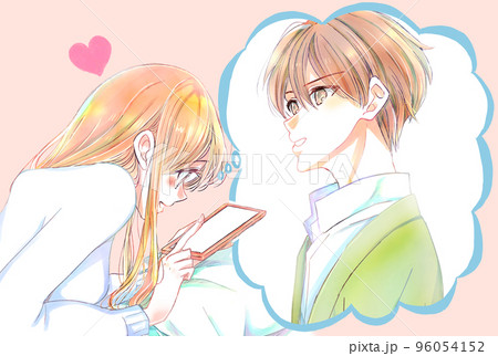 うつ伏せで嬉しそうにスマホを触る女性 男性 恋人のイラスト素材