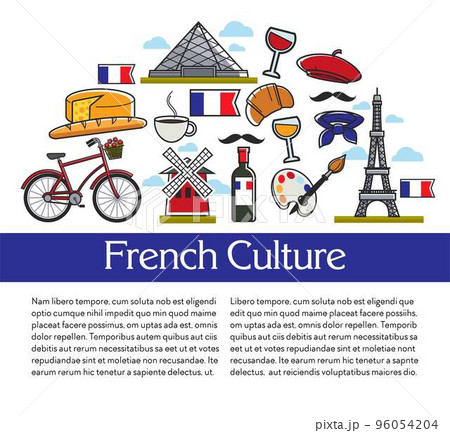 Travel agency brochures French culture and symbols architecture and cuisine vector 96054204