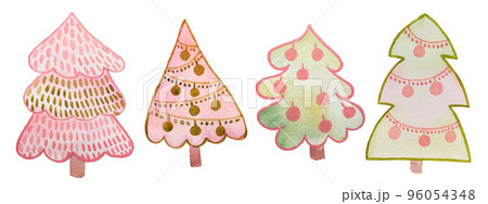 Watercolor cartoon christmas trees Set with decorations. Hand drawn illustration in pink green colors 96054348