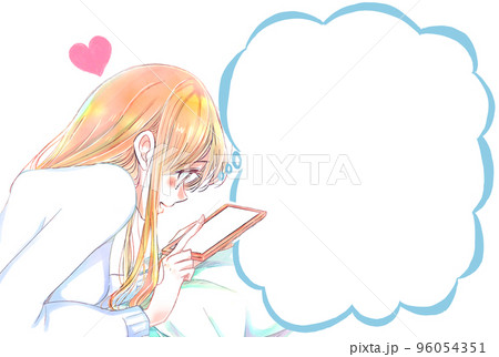 うつ伏せで嬉しそうにスマホを触る女性 冬 吹き出し うつ伏せで嬉しそうにスマホを触る女性 冬 吹き出し 96054351