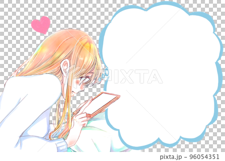 一個臉朝下躺著的女人高興地撫摸著她的智能手機 冬季講話泡泡 96054351