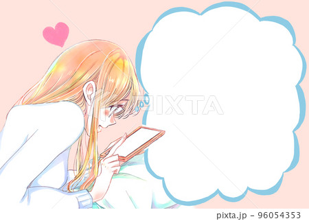 うつ伏せで嬉しそうにスマホを触る女性　冬　吹き出し 96054353