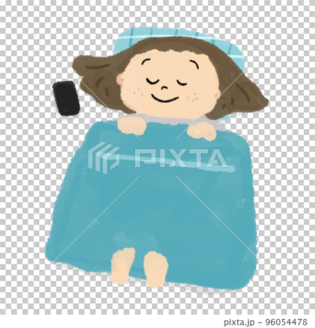 枕元にスマホを置いて笑顔で寝る女性のイラスト素材 [96054478] - PIXTA