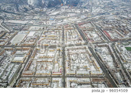 City panorama from the height of the drone flight. Residential area of brick houses in the winter. Aerial view. Nizhny Tagil, Russia 96054509