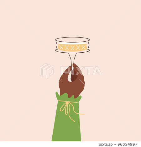 Hand holds glass of white wine, sparkling wine or cocktail - flat vector illustration isolated on beige background. 96054997