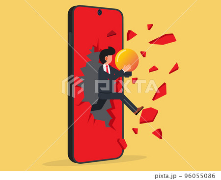 Businessman holding light bulb and jumping off the mobile phone screen. Businessman holding light bulb and jumping off the mobile phone screen. 96055086